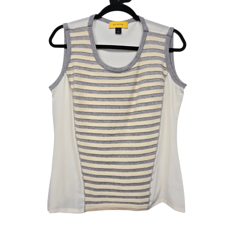 St John Wool Silk Sleeveless Sweater‎ Top Womens M Ivory Stripe Rib Yellow Label